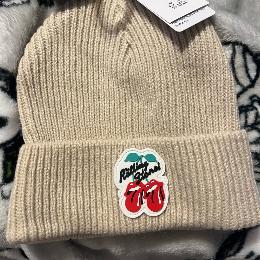 The Rolling Stones Cream Beanie with Red and Green Logo
